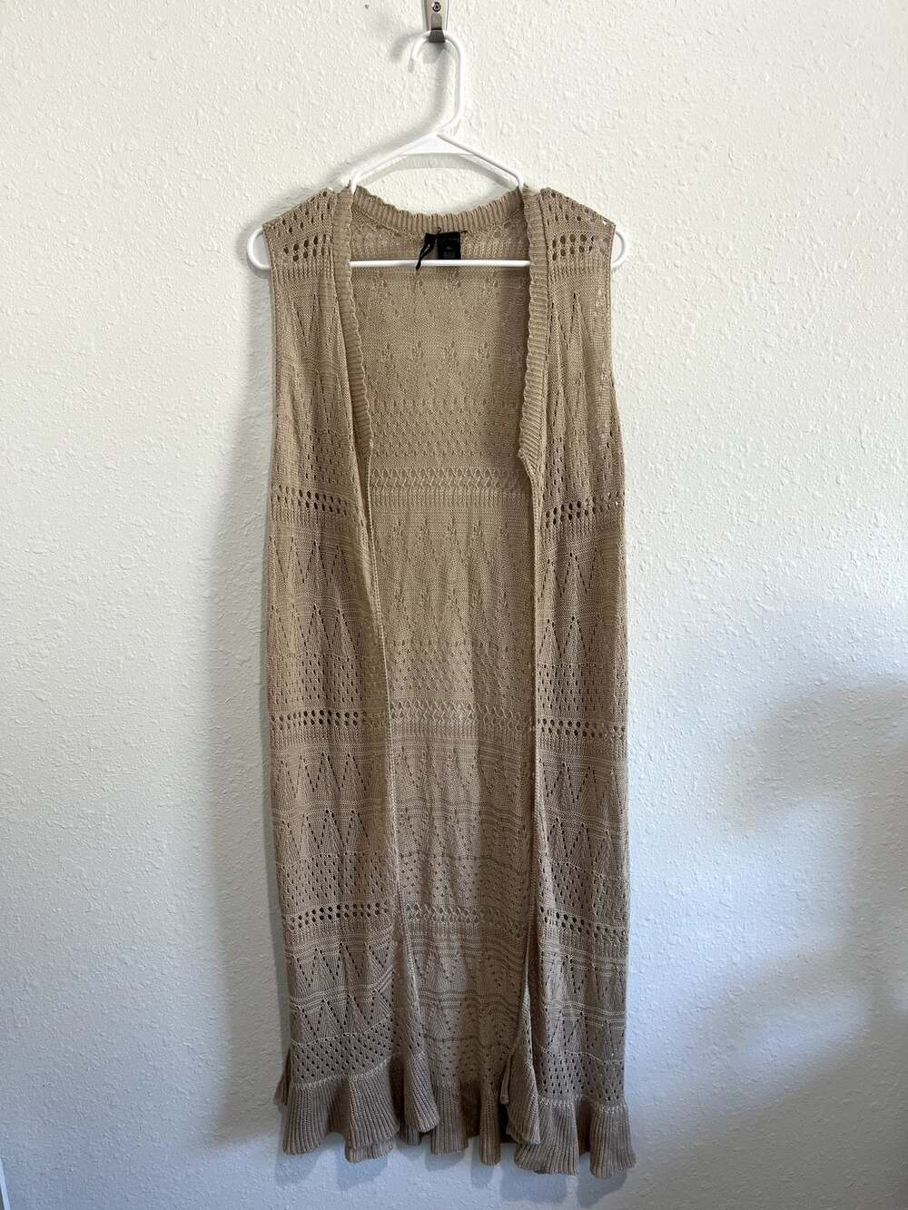 Beige Crochet Knit Duster Vest